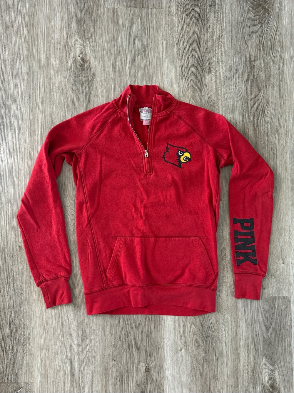 PINK Victoria's Secret Red Quarter-Zip Fleece Pullover with Black Sleeve Logo